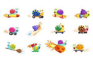 Cartoon fast snails. Quick slug ride, an Animal Illustration by Stock-Smart-Start
