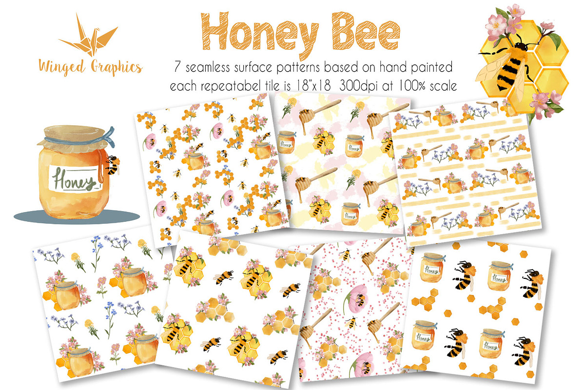 Honey bee: seamless pattern set of 7, a Pattern Graphic by Winged Graphics (Photo 1 of 4)