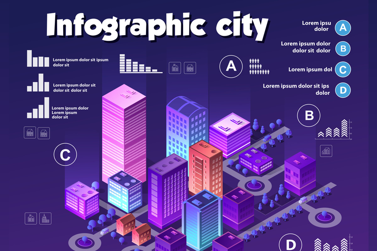 Isometric neon city infographics of, an Object Illustration by AlexZeL (Photo 1 of 4)