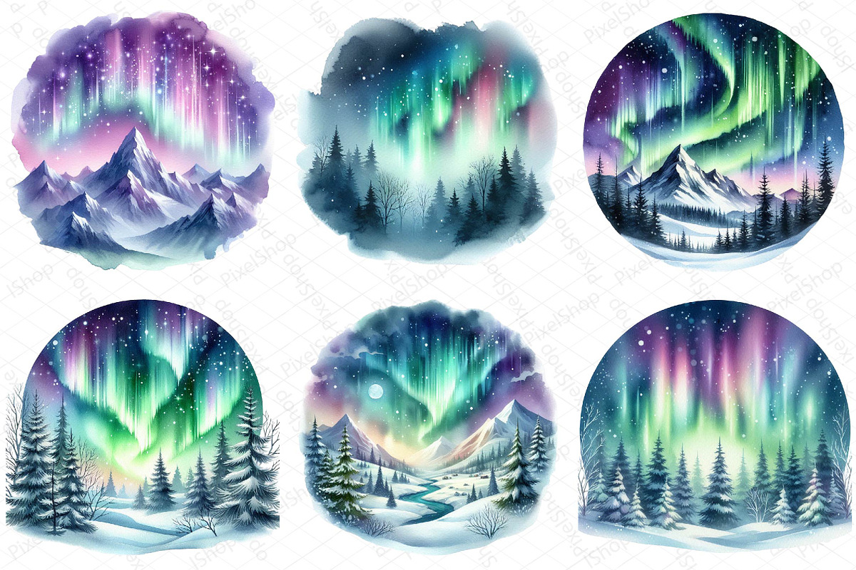 Watercolor Northern Lights Clipart, an Illustration by DreamPrint404 (Photo 4 of 6)