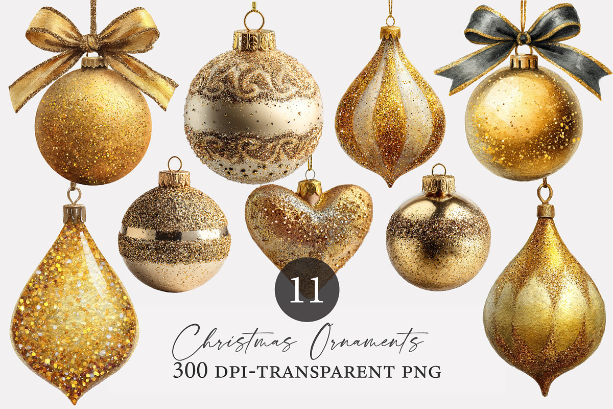 Gold Glitter Christmas Ornaments, an Illustration by Designworld (Photo 1 of 3)