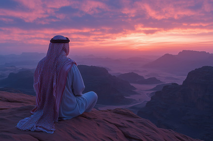 A arabic man in traditional attire sits on a rocky outcrop, gazing at a stunnin, a Person Photo by Textures & Backgrounds