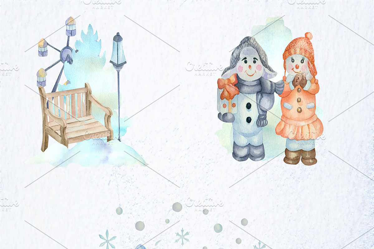 Watercolor Winter city of snowmen, a Decorative Illustration by Watercolor arts (Photo 3 of 6)