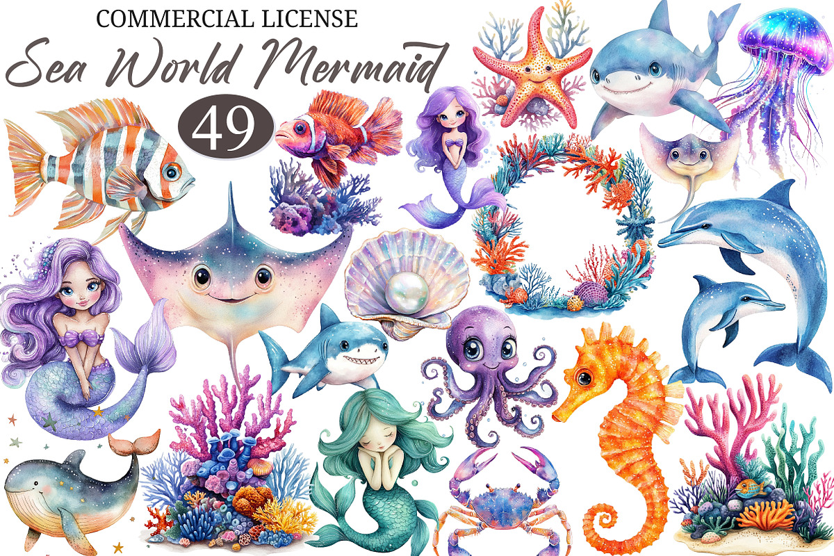 Cute sea world Mermaid clipart, an Illustration by designcity5 (Photo 1 of 5)