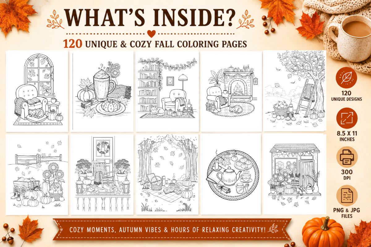 Cozy Fall Coloring Pages 120 Designs, a Seasonal Illustration by Daffodil Dream Studio (Photo 2 of 3)
