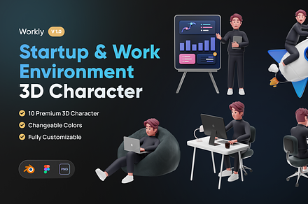 Workly - Startup & Work 3D Character, a Characters & Person 3D Model by Illustraly Design