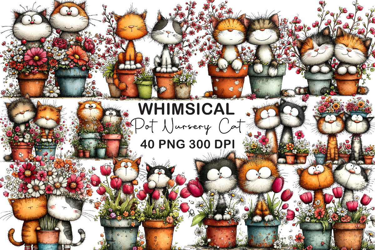 Spring Flower Pot Nursery Cat Clipar, an Illustration by CraftArtStudio (Photo 1 of 6)