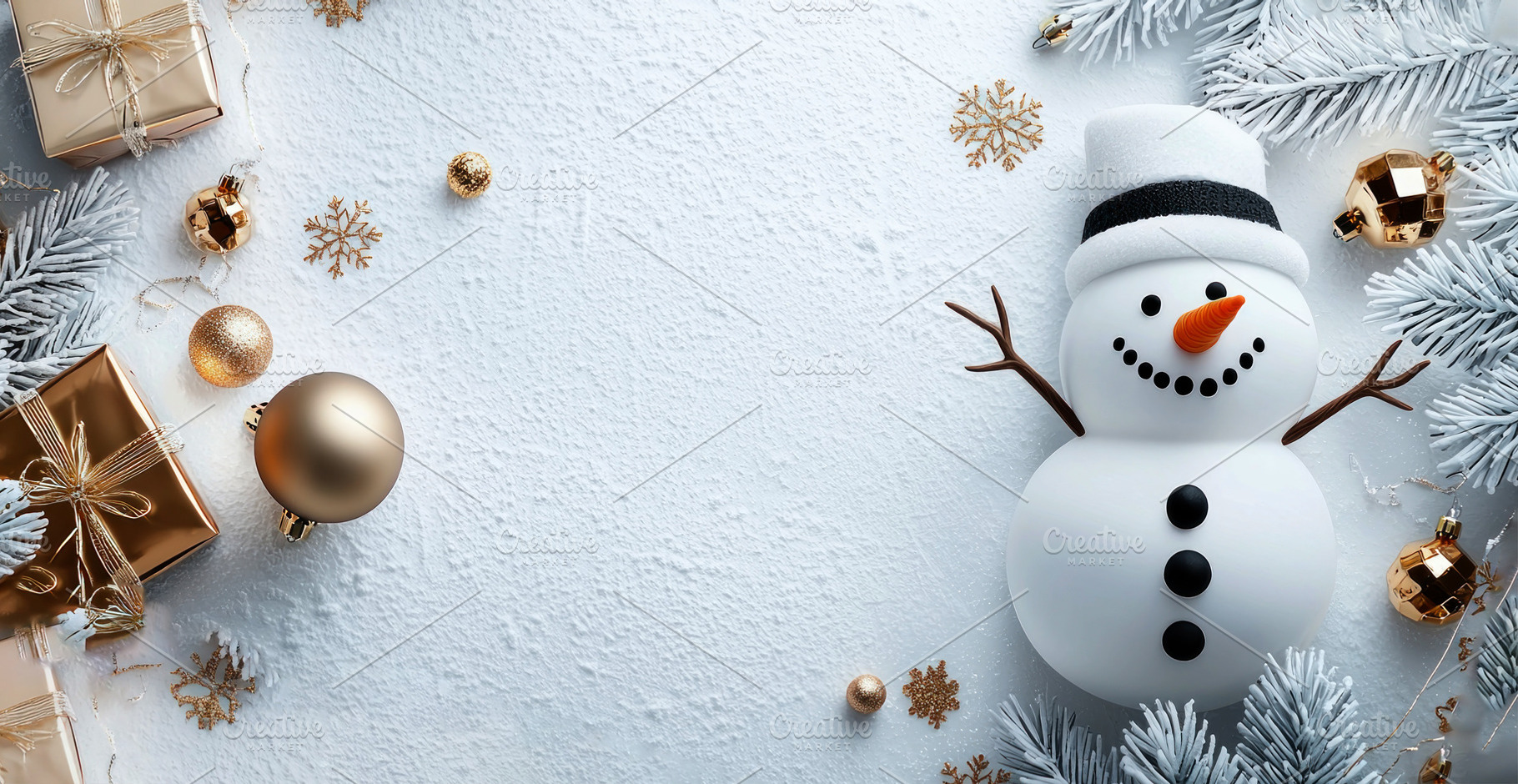 Smiling snowman with white hat and carrot nose surrounded by gol, an Animal Photo by José Manuel Gelpi