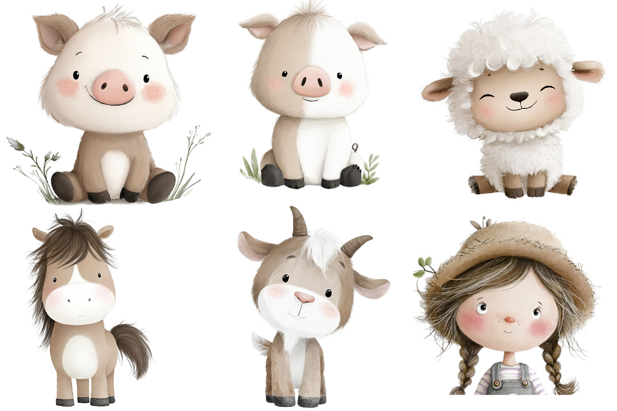 Watercolor Cute Farm Clipart, an Illustration by Designworld (Photo 6 of 6)