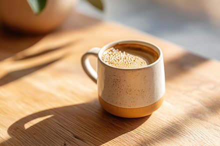 Brewed coffee in a ceramic mug placed on a wooden table in natural light, a Food & Drink Photo by AlyaAnd