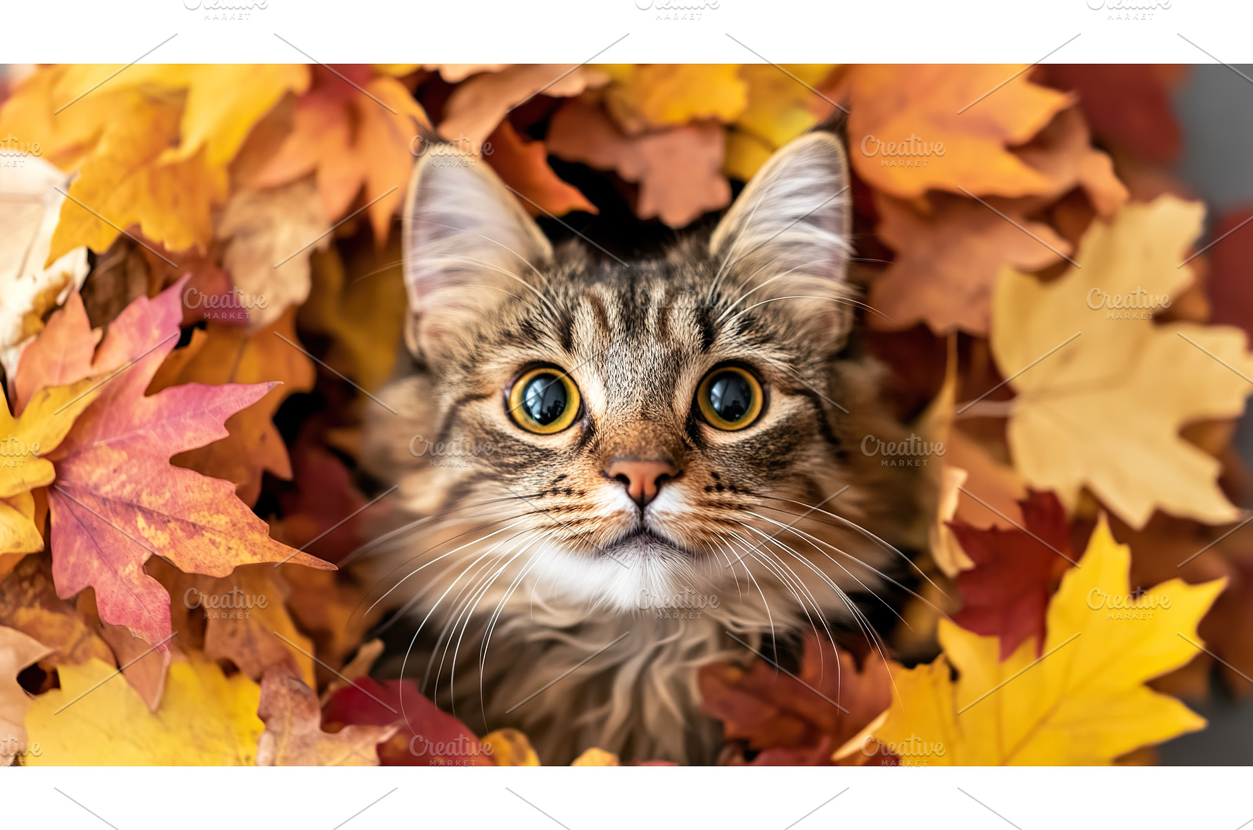 Cat surrounded by autumn leaves with, an Animal Photo by Lermont51