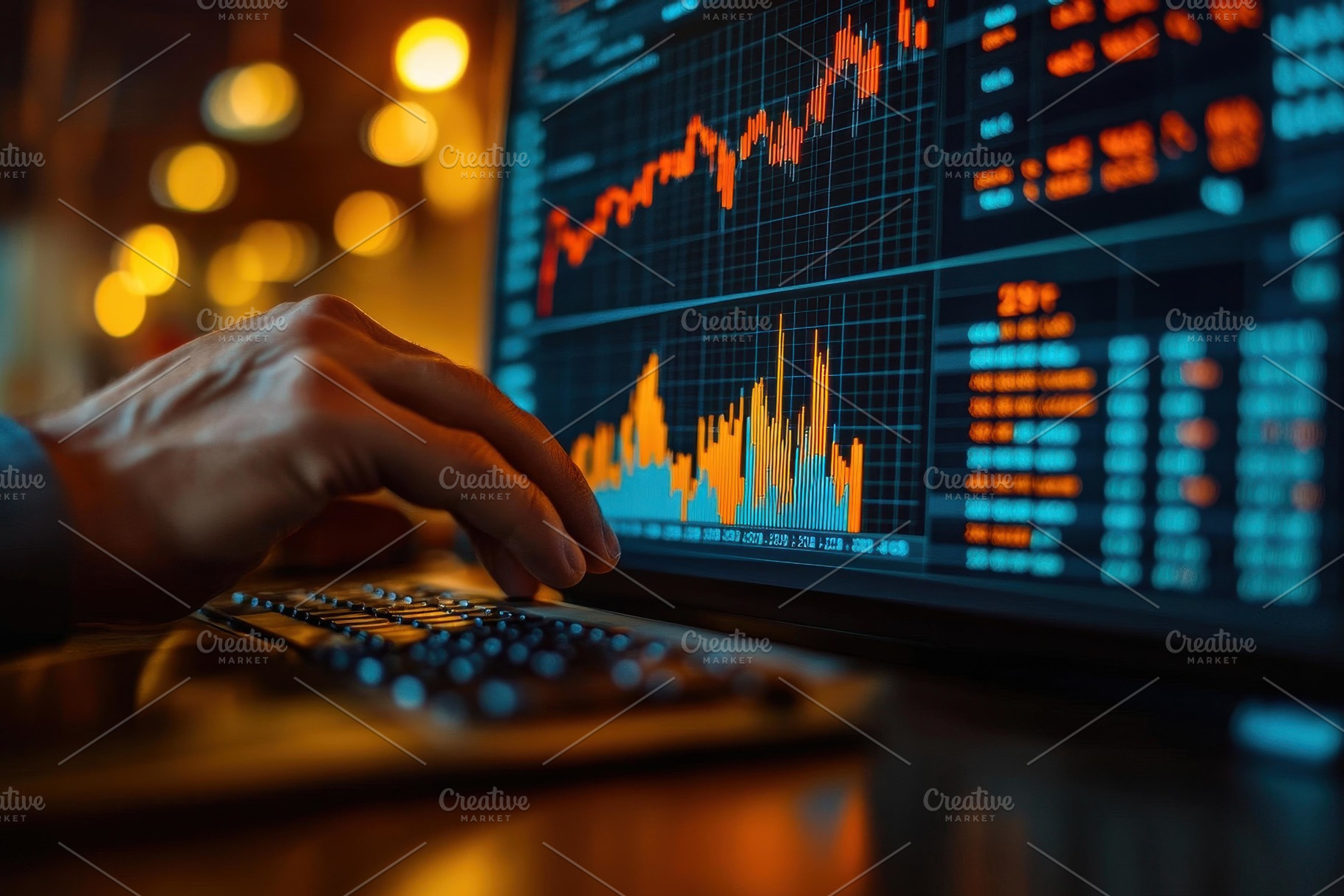 Financial analyst reviewing stock ma, a Photo by Tanuart