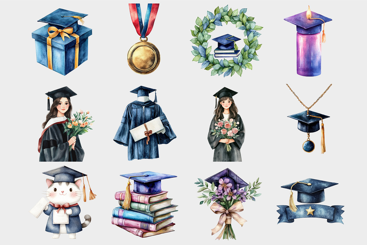 Watercolor Graduation Clipart, a Seasonal Illustration by Design Market (Photo 4 of 5)