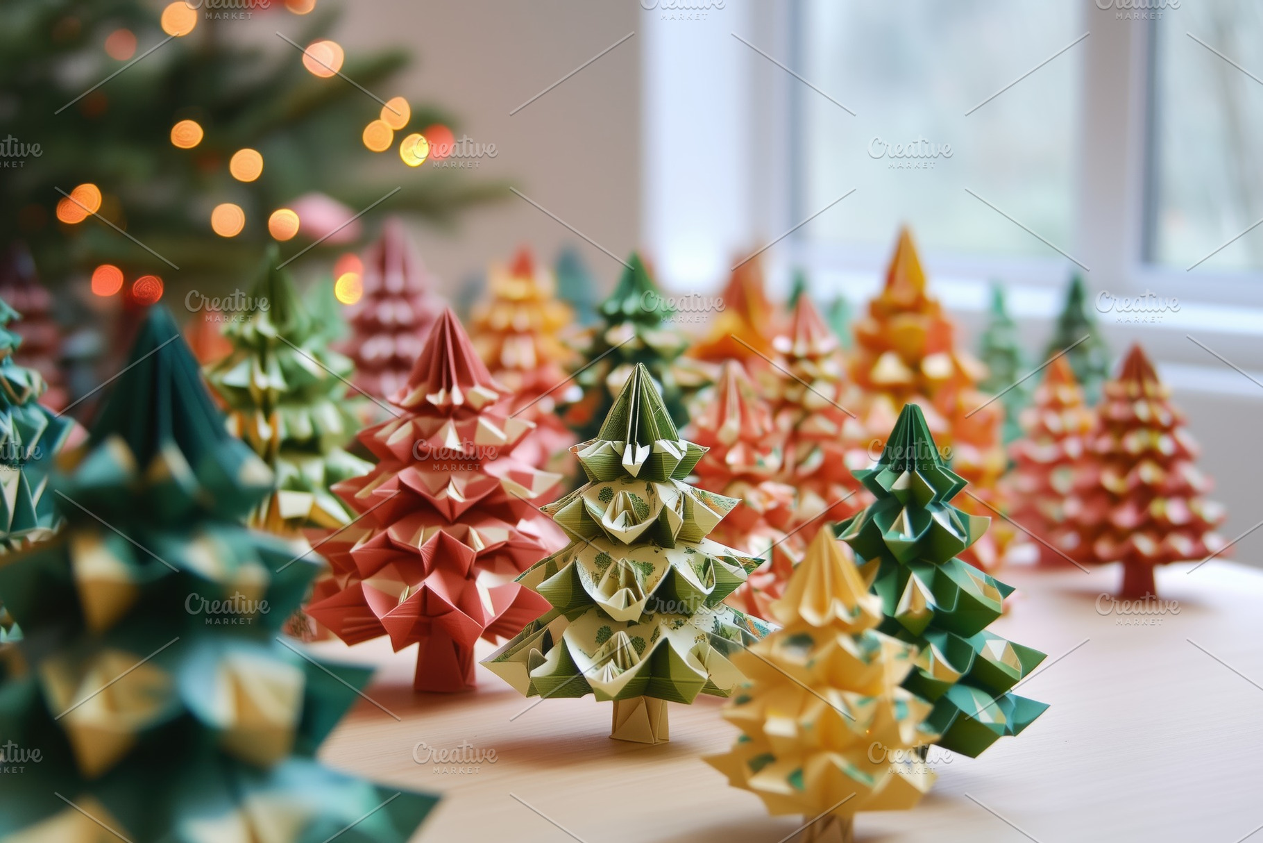 A collection of colorful origami Christmas trees in various sizes, displayed on, an Arts & Entertainment Photo by Textures & Backgrounds