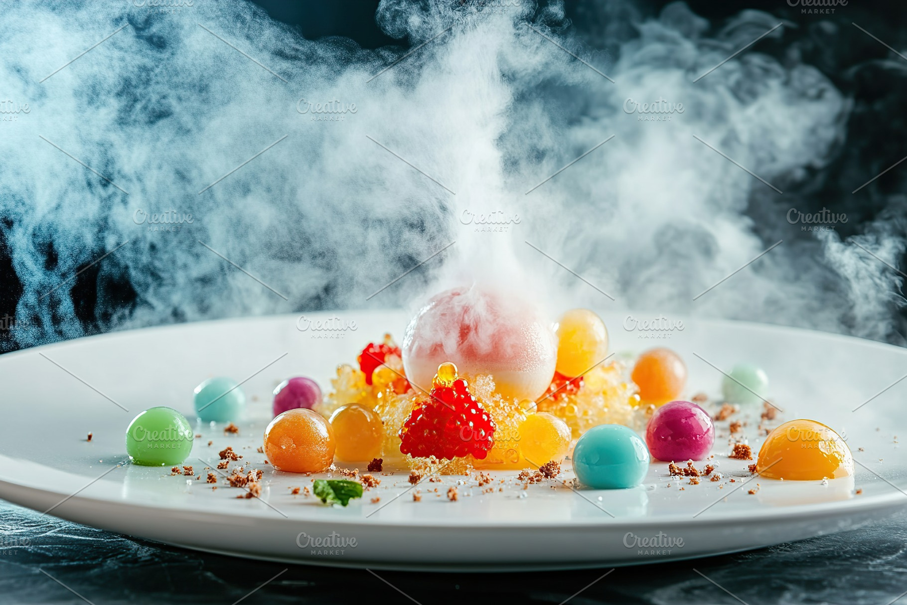 Gourmet molecular dessert featuring colorful spheres and steam on a white plate, a Food & Drink Photo by AlyaAnd