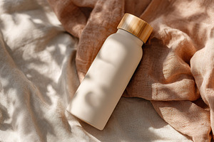 Reusable eco-friendly water bottle on a soft fabric surface with natural lighti, a Beauty & Fashion Photo by AlyaAnd