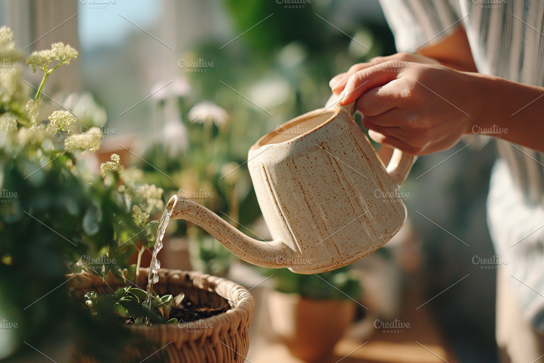 Watering indoor plants with a ceramic watering can in a bright room filled with, a Photo by AlyaAnd
