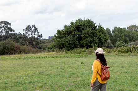 Adult woman with a leather backpack walks down, a Person Photo by José Manuel Gelpi