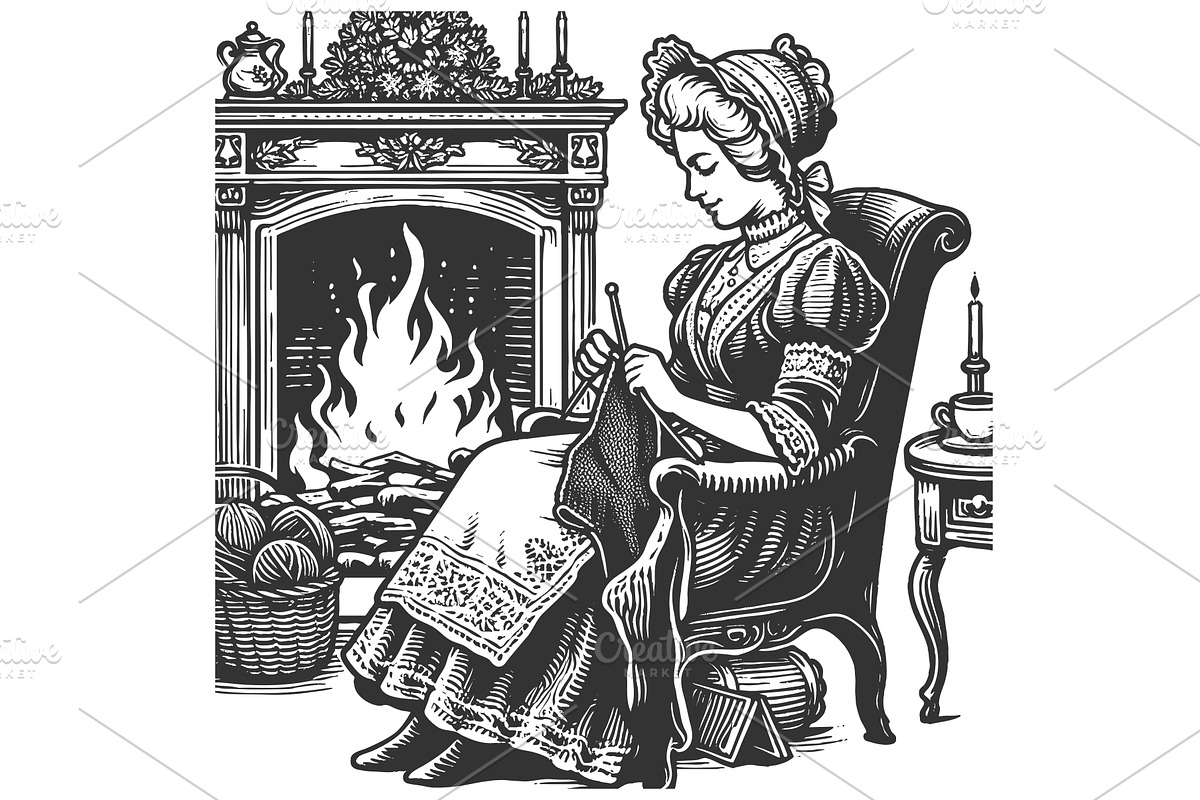 woman knitting by fireplace vector, a Person Illustration by AlexArt