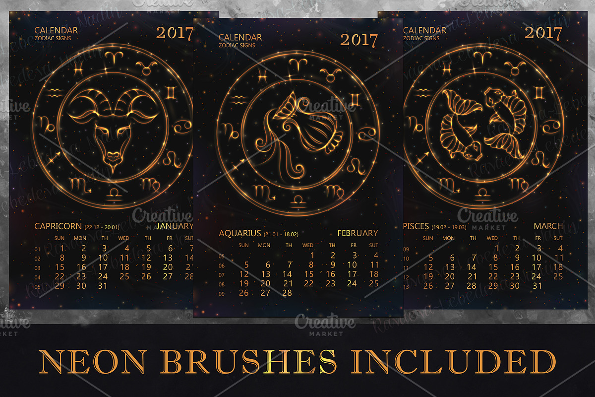 SET / 2017 CALENDAR / golden ZODIACS, an Animal Illustration by Nadin_Lebedeva (Photo 5 of 9)