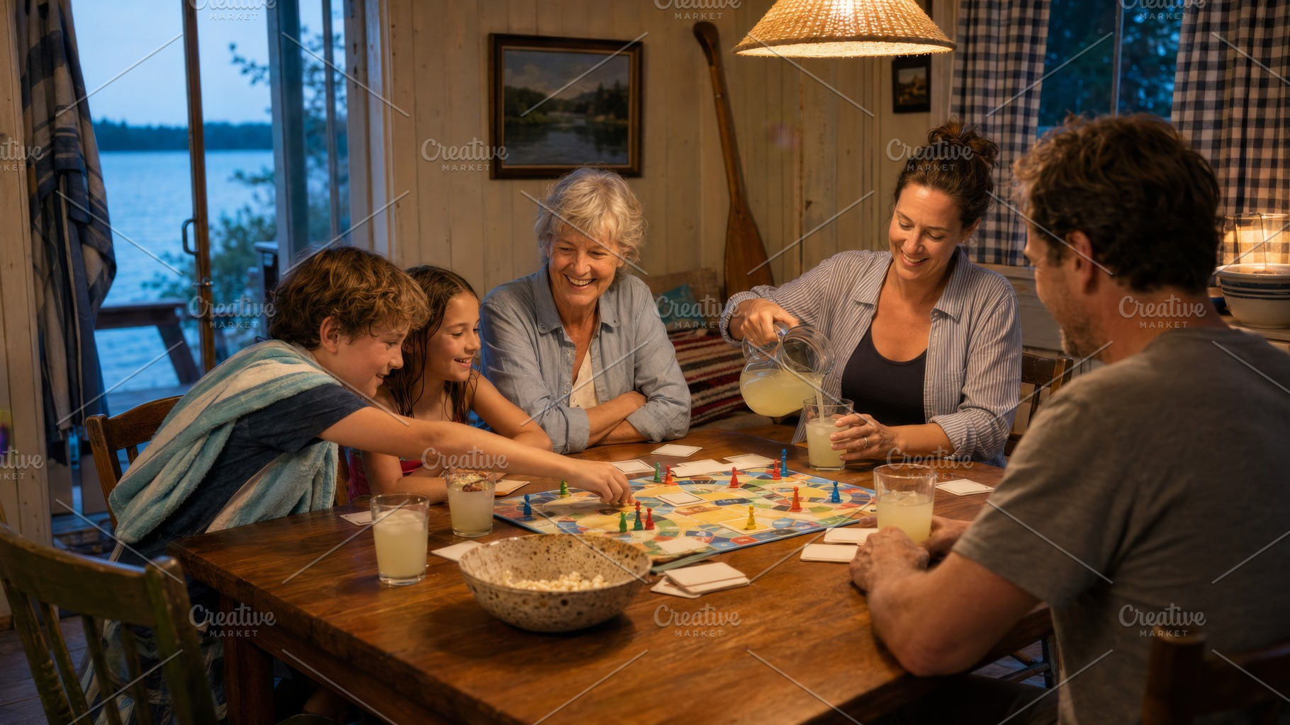 Family playing board game at lakehou, a Photo by Dvoevnore photos