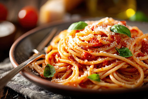Delicious spaghetti with tomato sauce and basil, a Food & Drink Photo by AlyaAnd