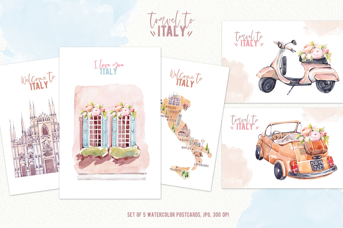 Travel to Italy. Watercolor Clipart, an Illustration by VerAna (Photo 6 of 11)