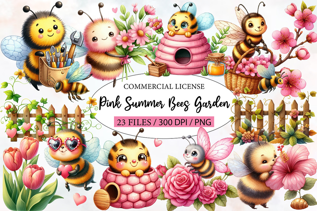 Pink Summer Bees Garden Clipart, an Illustration by Designworld (Photo 1 of 6)