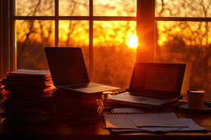 Cozy desk setup with laptop & papers, a Photo by Pavel_design