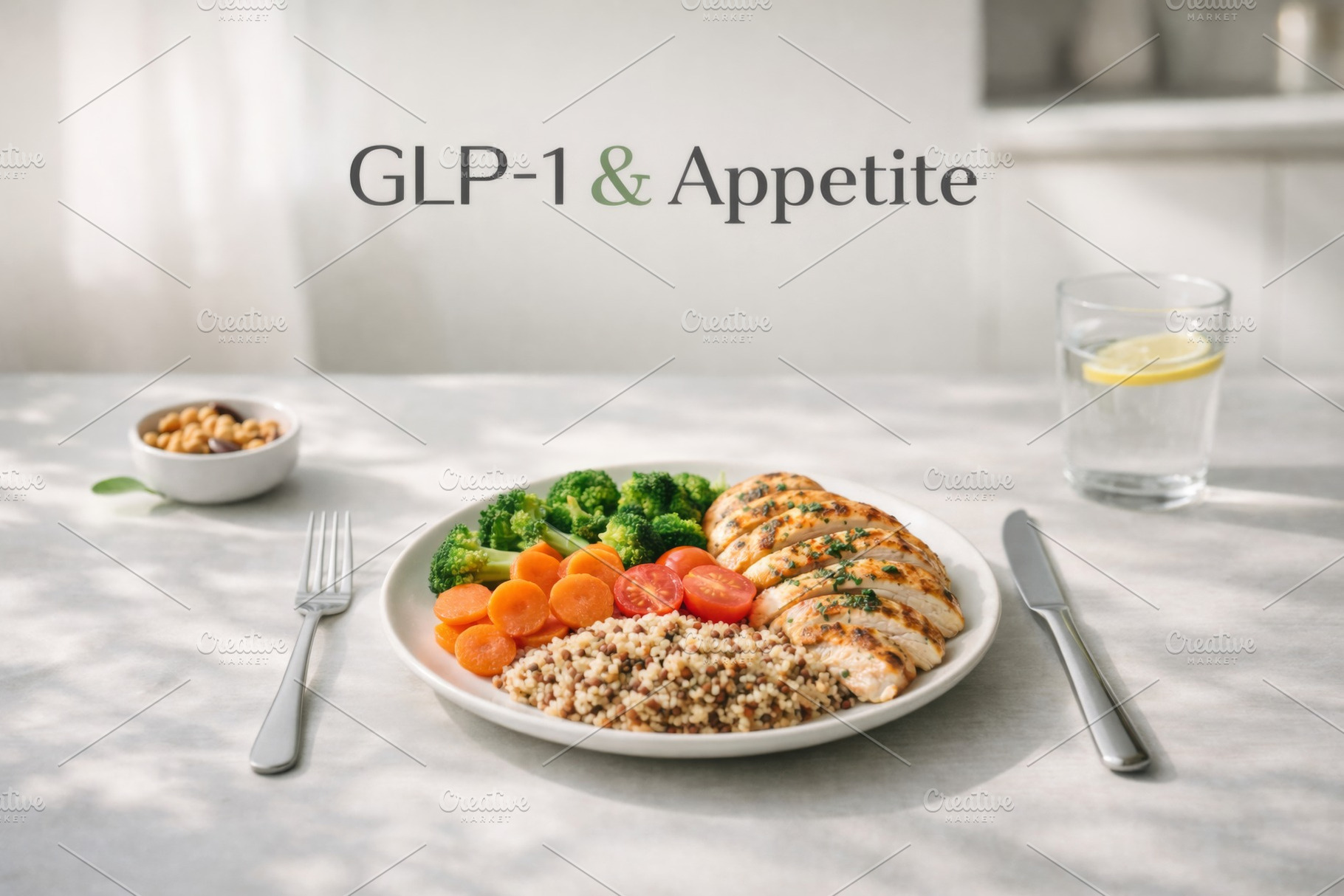 Healthy meal with chicken, quinoa, vegetables on table with cutl, a Photo by Dvoevnore photos