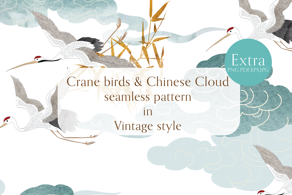 Crane birds & Chinese cloud pattern, a Pattern Graphic by marukopum (Photo 1 of 3)