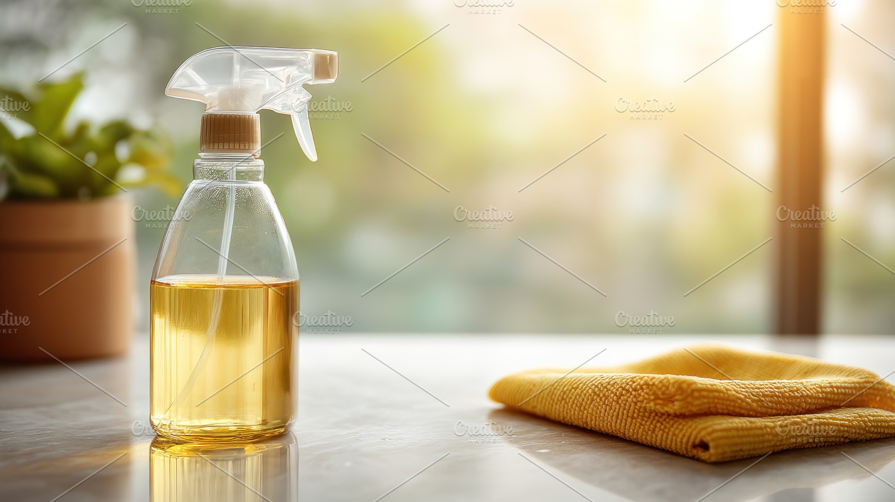 Natural cleaning spray bottle and yellow microfiber cloth on a c, a Beauty & Fashion Photo by José Manuel Gelpi
