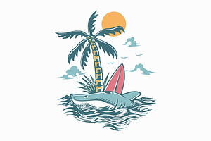 Wild Shark Surfing Island, an Animal Illustration by Mangustudio
