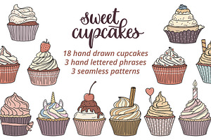 Cupcakes hand drawn vector set