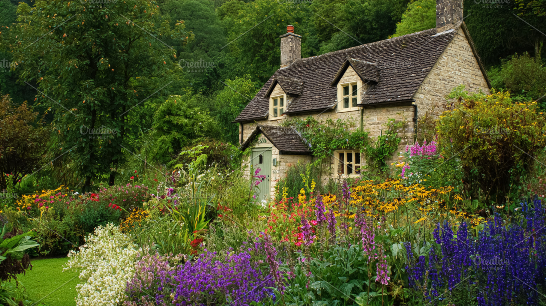 Traditional English stone cottage with colorful blooming cottage, a Photo by Studio ANNA