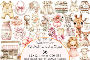 Watercolor Baby Birl Clothesline Cli