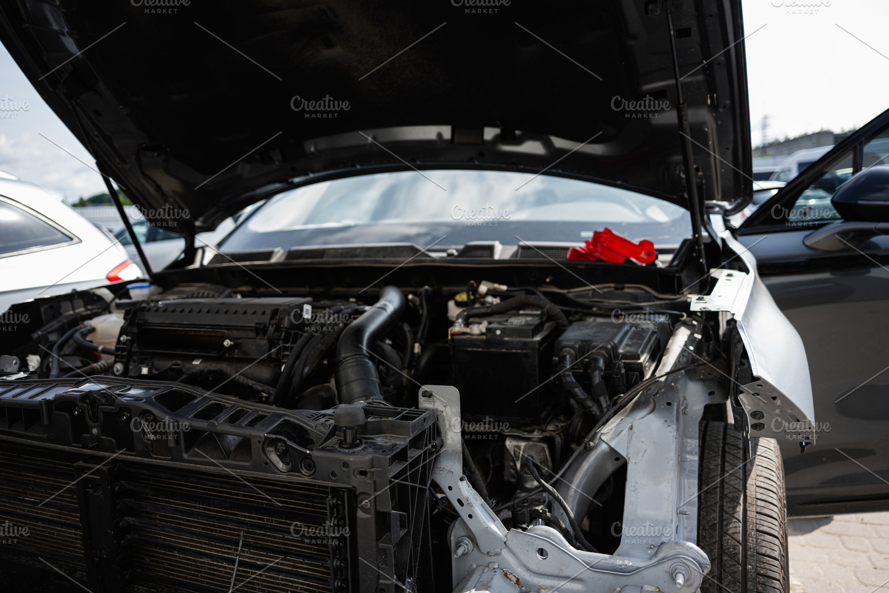 Car engine exposed with visible components in a repair setting, a Transportation Photo by AS photostudio