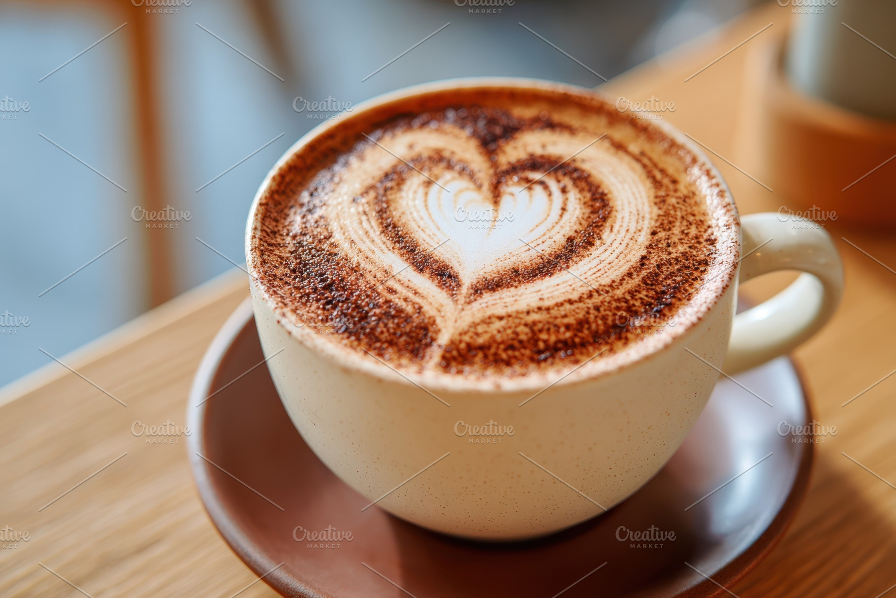 Latte with heart-shaped foam art in a cozy cafe, a Food & Drink Photo by AlyaAnd