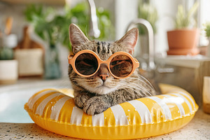 Cat enjoying summer vibes in sunglasses on a colorful float in a cozy kitchen s, a Photo by AlyaAnd