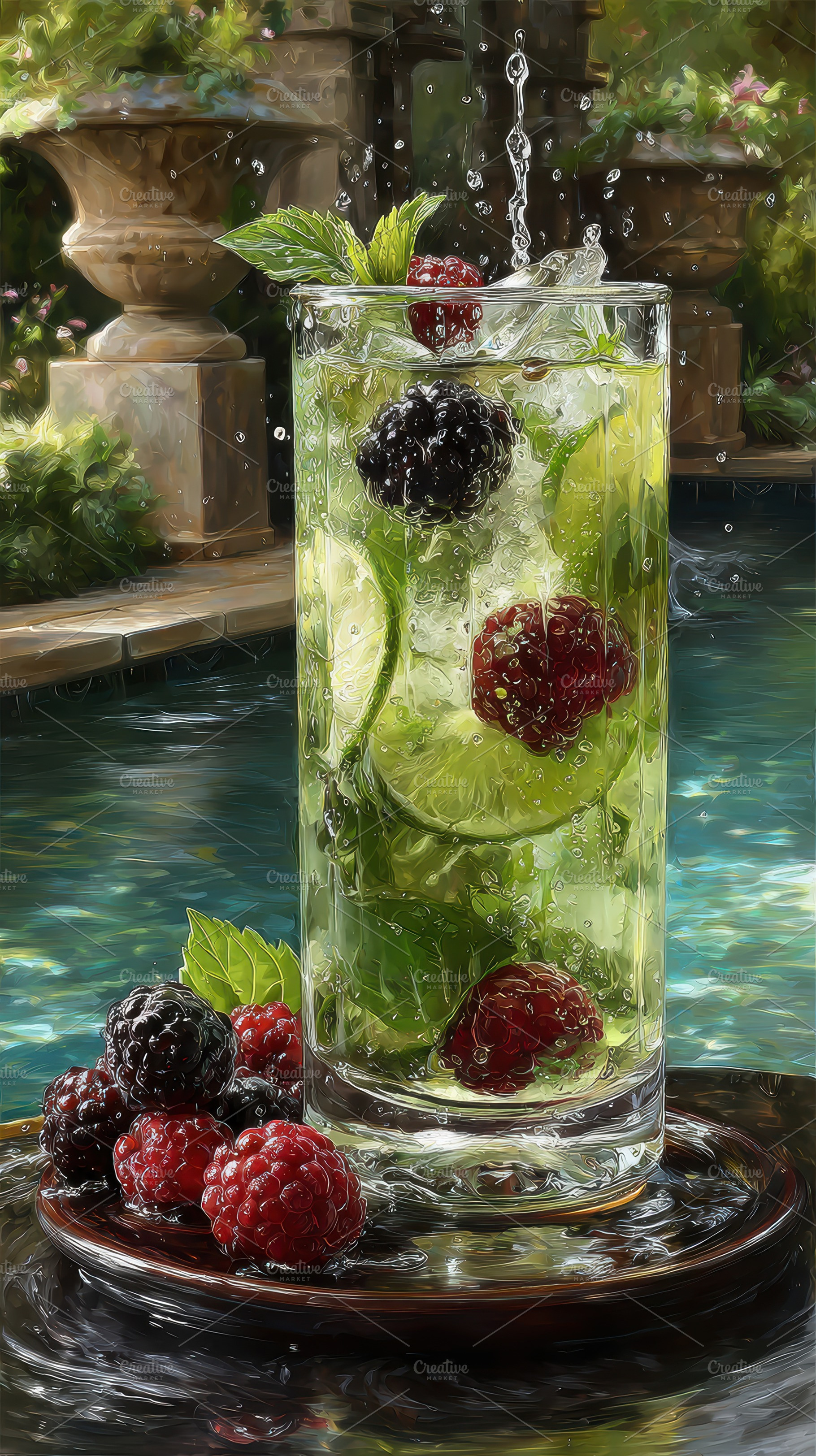 Refreshing berry mojito by the pool, a Photo by Pixeness Studio