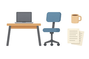 Workspace setup with a laptop, chair, an Object Illustration by ZinetroN