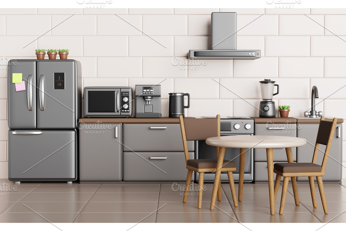Kitchen interior with wooden table, a Furniture 3D Model by Marozhkastudio