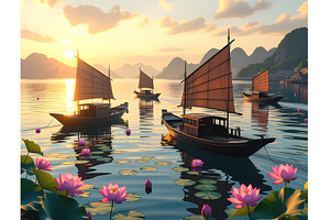 Golden Sunset Asian Waters Guilin Ch, a Transportation Illustration by Sharon Schwalbe