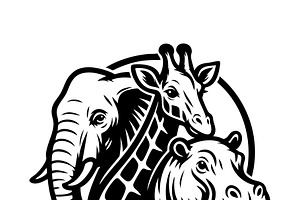 Elephant, giraffe, and hippo heads., an Animal Illustration by yod67