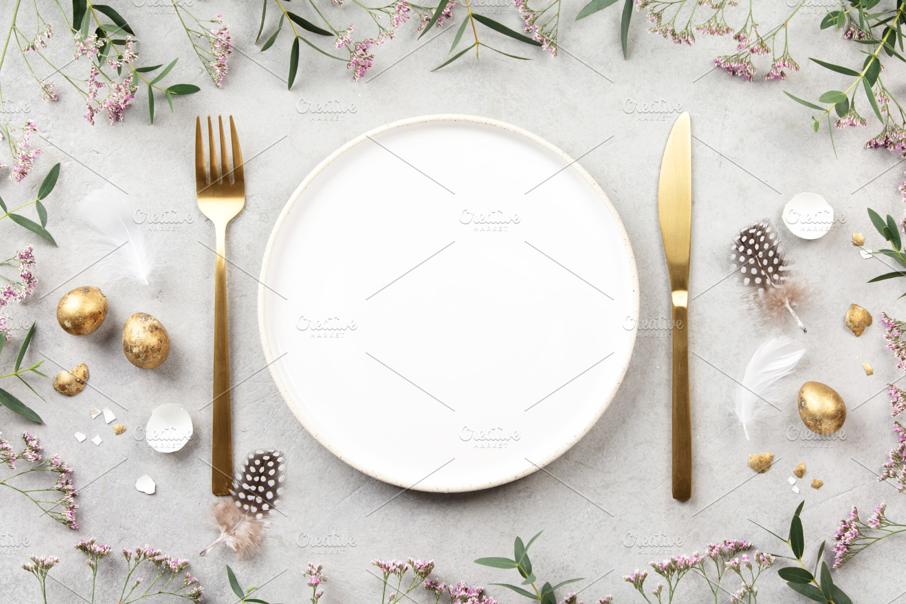Minimal Easter Table Setting with Golden Eggs and Spring Flowers, a Holiday Photo by Natalia Klenova's Shop