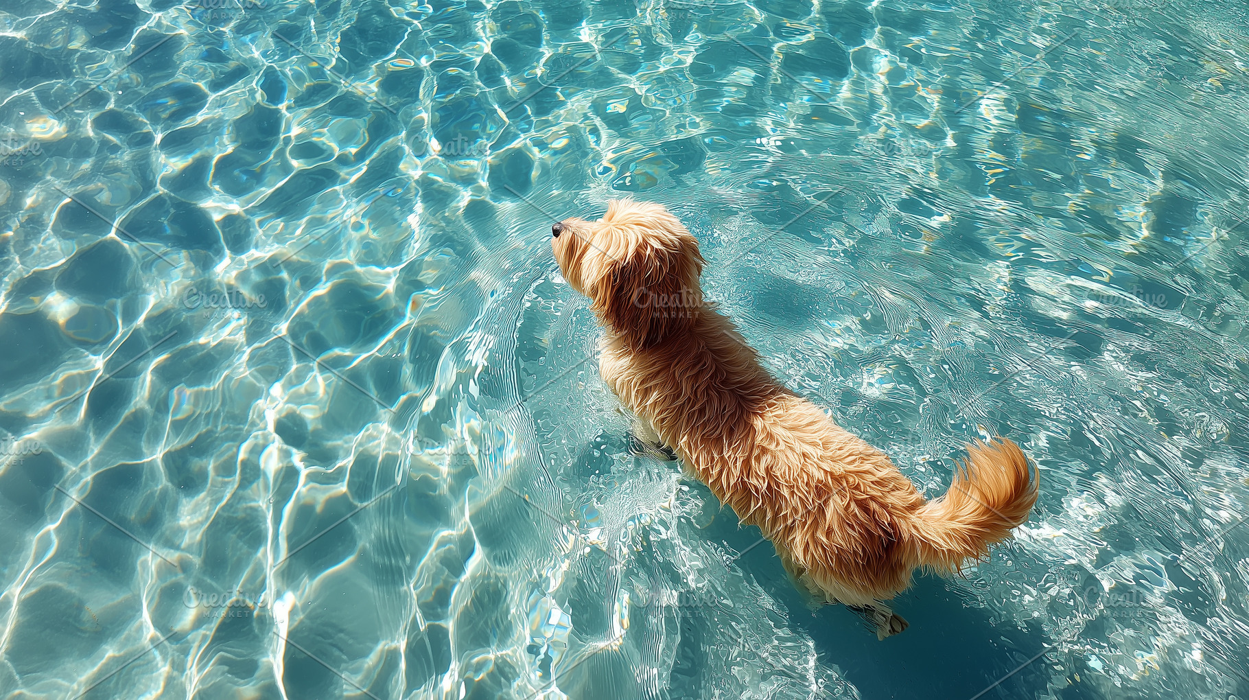 Cute fluffy dog swimming in a pool, an Animal Photo by MistyDay