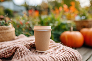 Mockup of paper cup and kraft box in autumn outdoor setting with pumpkins, a Photo by AlyaAnd