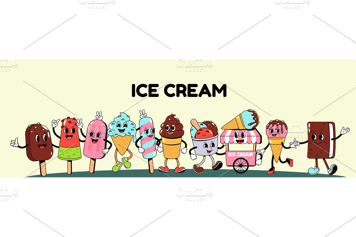 Retro cartoon ice cream banner, a Food Illustration by winwin.art