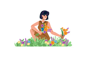 Woman picking flowers in a blooming, an Animal Illustration by pikepicture