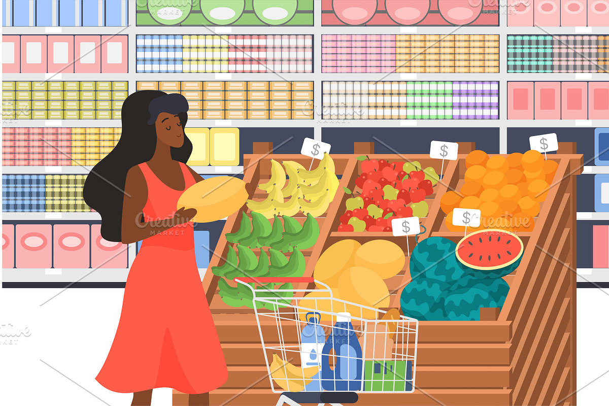 Buying grocery products supermarket, a Person Illustration by Lemberg Vector